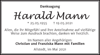 Traueranzeige von Harald Mann von Trauerkombi Sangerhausen