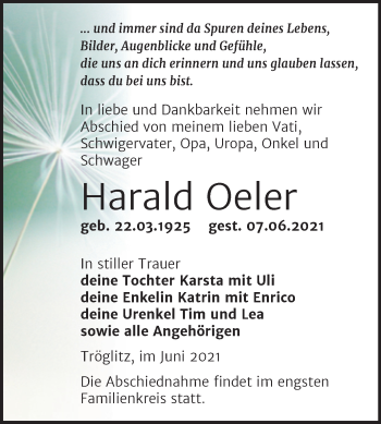Traueranzeige von Harald Oeler von Trauerkombi Zeitz
