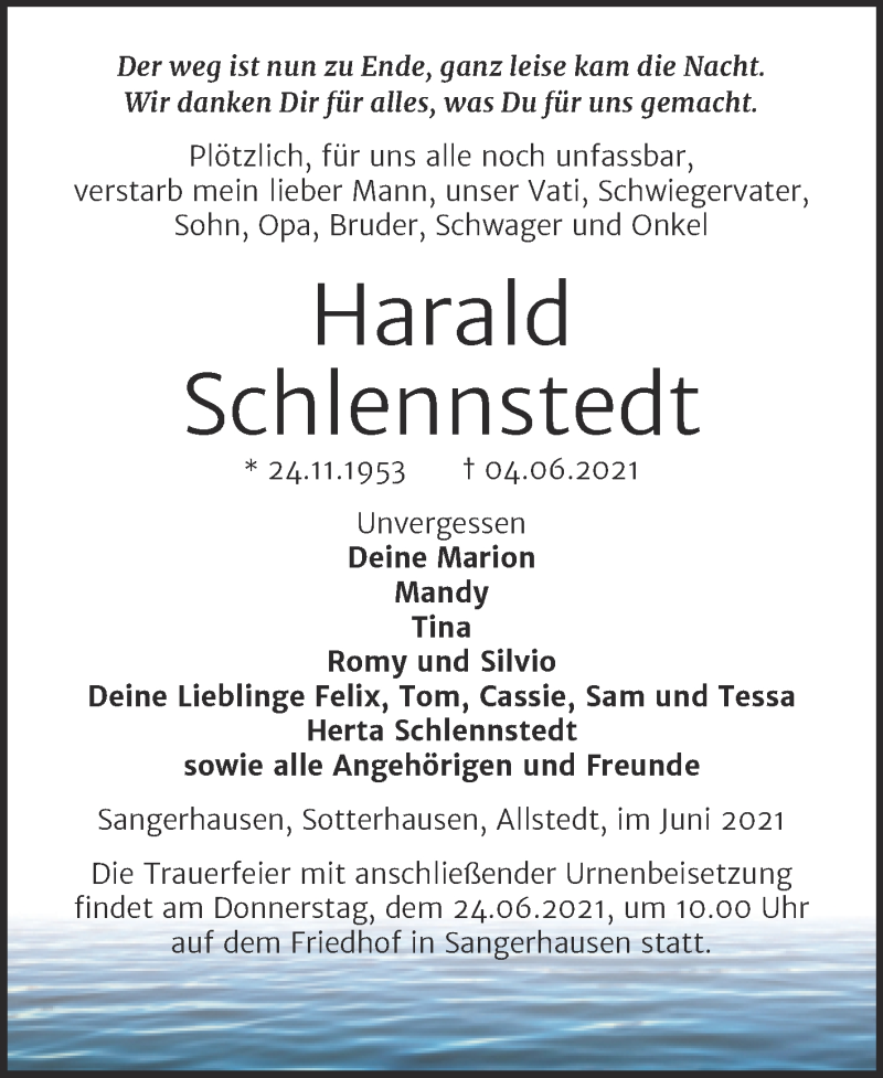  Traueranzeige für Harald Schlennstedt vom 16.06.2021 aus Trauerkombi Sangerhausen
