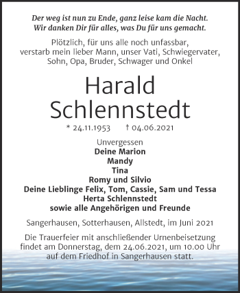 Traueranzeige von Harald Schlennstedt von Trauerkombi Sangerhausen