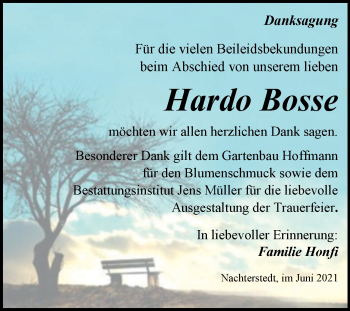 Traueranzeige von Hardo Bosse von Trauerkombi Aschersleben