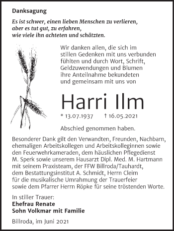 Traueranzeige von Harri Ilm von Wochenspiegel Naumburg/Nebra
