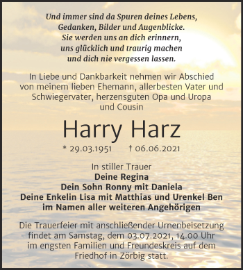 Traueranzeige von Harry Harz von Trauerkombi Köthen