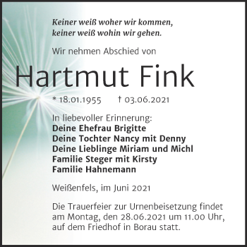 Traueranzeige von Hartmut Fink von Trauerkombi Weißenfels
