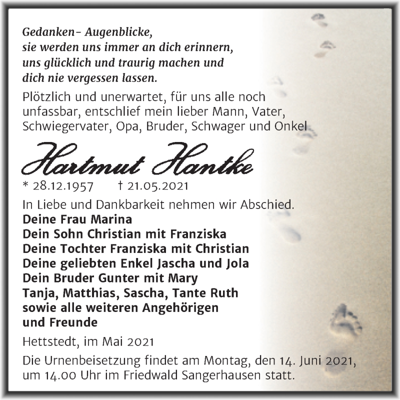 Traueranzeige für Hartmut Hantke vom 03.06.2021 aus Trauerkombi Mansfelder Land