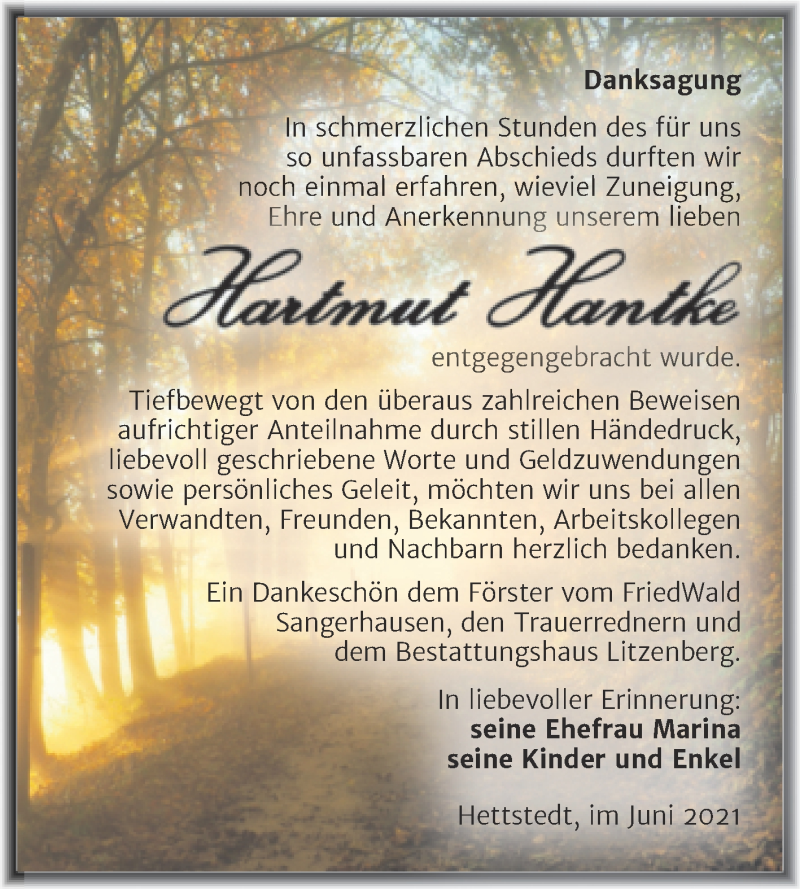  Traueranzeige für Hartmut Hantke vom 26.06.2021 aus Trauerkombi Mansfelder Land