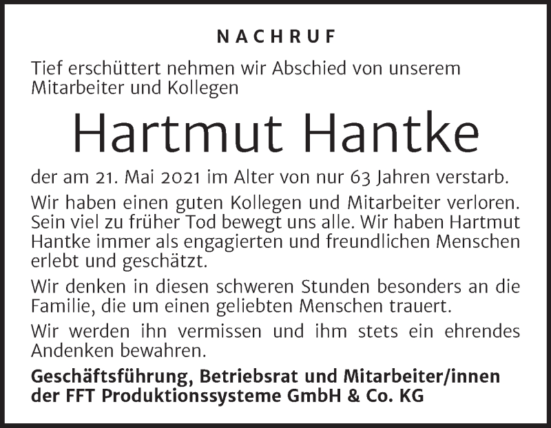  Traueranzeige für Hartmut Hantke vom 12.06.2021 aus Super Sonntag Mansfelder Land