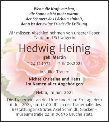 Traueranzeige von Hedwig Heinig von Wochenspiegel Naumburg/Nebra