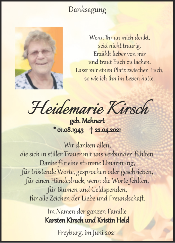 Traueranzeige von Heidemarie Kirsch von Wochenspiegel Naumburg/Nebra