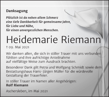Traueranzeige von Heidemarie Riemann von Trauerkombi Aschersleben