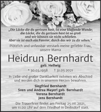 Traueranzeige von Heidrun Bernhardt von Trauerkombi Sangerhausen