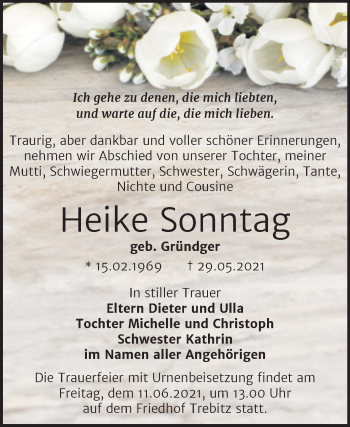Traueranzeige von Heike Sonntag von Trauerkombi Bernburg