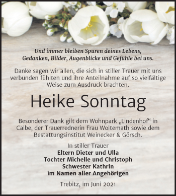 Traueranzeige von Heike Sonntag von Trauerkombi Bernburg