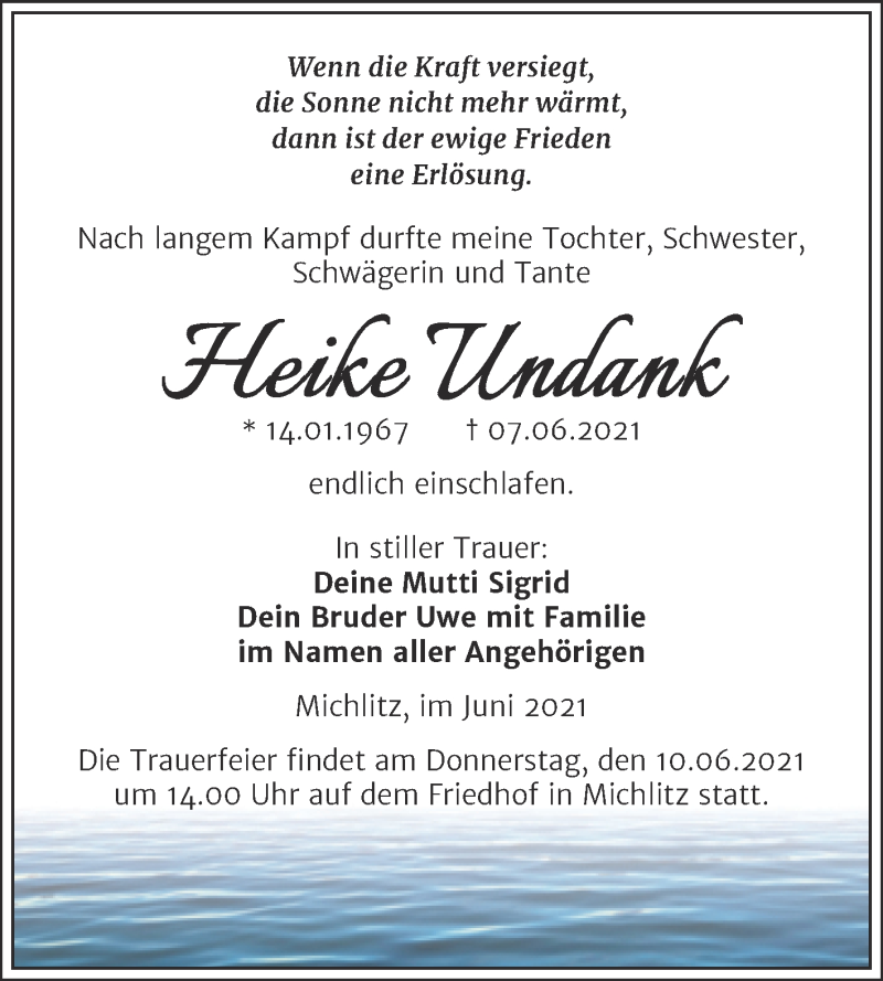  Traueranzeige für Heike Undank vom 08.06.2021 aus Mitteldeutsche Zeitung Weißenfels