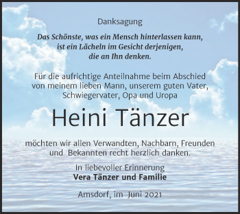 Traueranzeige von Heini Tänzer von Trauerkombi Mansfelder Land