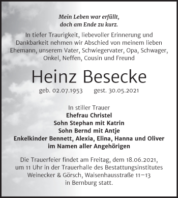 Traueranzeige von Heinz Besecke von Trauerkombi Bernburg