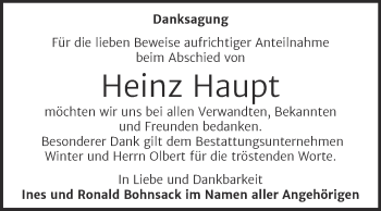 Traueranzeige von Heinz Haupt von Trauerkombi Bitterfeld