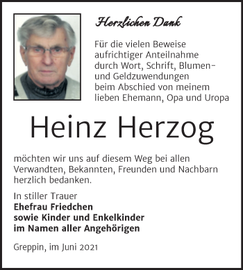 Traueranzeige von Heinz Herzog von Trauerkombi Bitterfeld