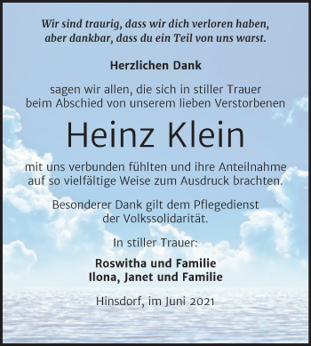 Traueranzeige von Heinz Klein von Trauerkombi Köthen