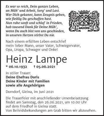 Traueranzeige von Heinz Lampe von Wochenspiegel Naumburg/Nebra