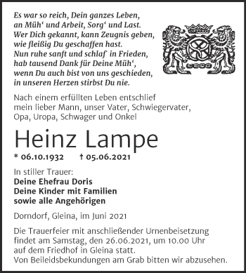 Traueranzeige von Heinz Lampe von Naumburger Tageblatt