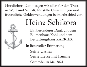 Traueranzeige von Heinz Schikora von Trauerkombi Quedlinburg