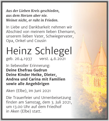 Traueranzeige von Heinz Schlegel von Trauerkombi Köthen