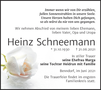 Traueranzeige von Heinz Schneemann von Trauerkombi Mansfelder Land