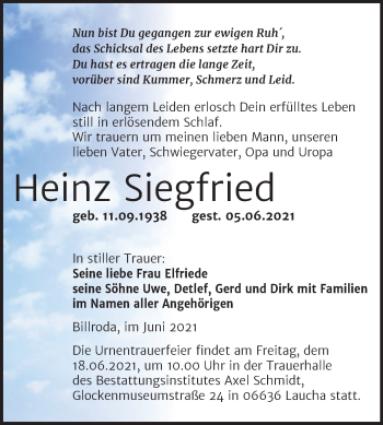 Traueranzeige von Heinz Siegfried von Wochenspiegel Naumburg/Nebra