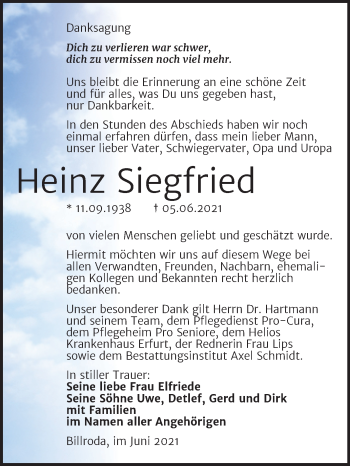 Traueranzeige von Heinz Siegfried von Wochenspiegel Naumburg/Nebra