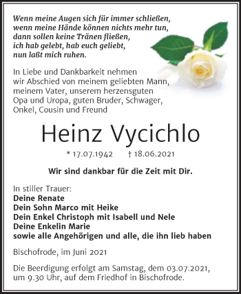Traueranzeige von Heinz Vycichlo von Trauerkombi Mansfelder Land
