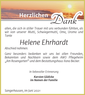 Traueranzeige von Helene Ehrhardt von Trauerkombi Sangerhausen