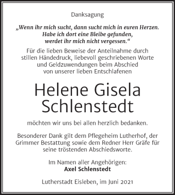 Traueranzeige von Helene Gisela Schlenstedt von Trauerkombi Mansfelder Land