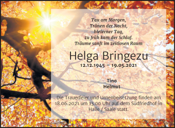 Traueranzeige von Helga Bringezu von Mitteldeutsche Zeitung Halle/Saalkreis