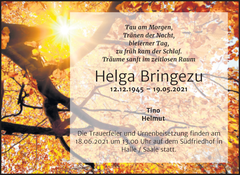  Traueranzeige für Helga Bringezu vom 09.06.2021 aus Mitteldeutsche Zeitung Halle/Saalkreis