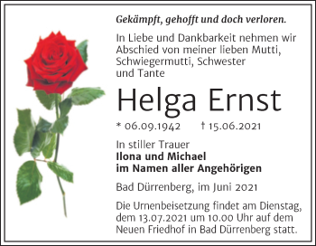 Traueranzeige von Helga Ernst von Trauerkombi Merseburg