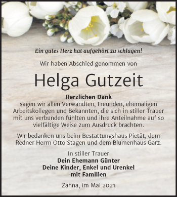Traueranzeige von Helga Gutzeit von Trauerkombi Wittenberg
