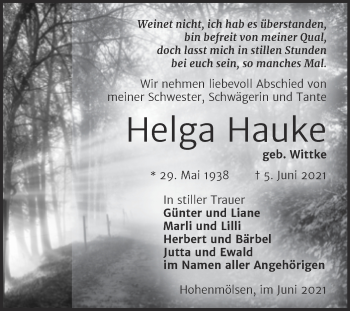 Traueranzeige von Helga Hauke von Trauerkombi Weißenfels