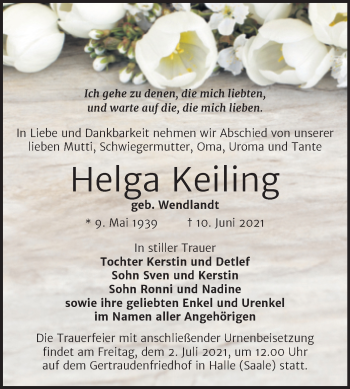Traueranzeige von Helga Keiling von Mitteldeutsche Zeitung Halle/Saalkreis