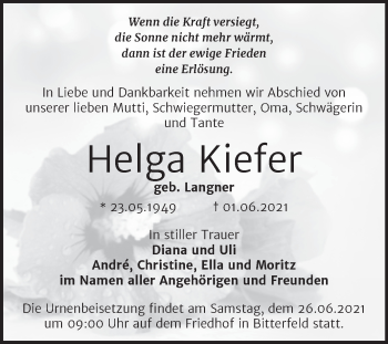 Traueranzeige von Helga Kiefer von Trauerkombi Bitterfeld