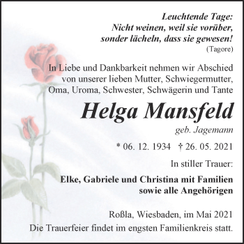 Traueranzeige von Helga Mansfeld von Trauerkombi Sangerhausen