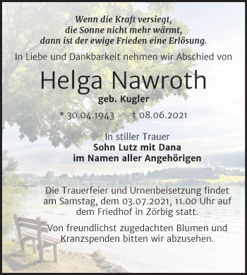 Traueranzeige von Helga Nawroth von Trauerkombi Bitterfeld