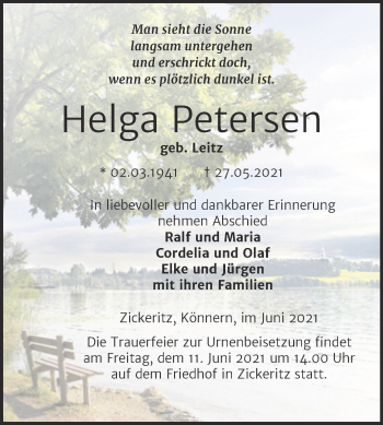Traueranzeige von Helga Petersen von Trauerkombi Bernburg