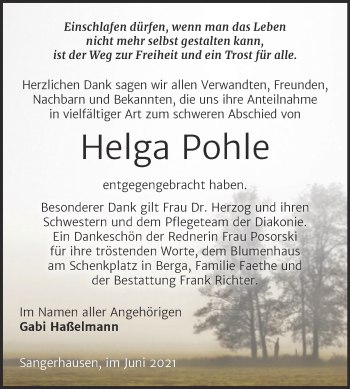Traueranzeige von Helga Pohle von Trauerkombi Sangerhausen