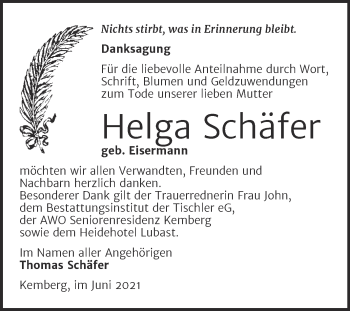 Traueranzeige von Helga Schäfer von Trauerkombi Wittenberg