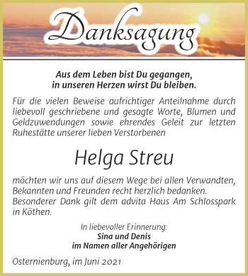 Traueranzeige von Helga Streu von Trauerkombi Köthen