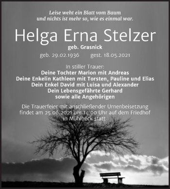 Traueranzeige von Helga Erna Stelzer von Trauerkombi Bitterfeld