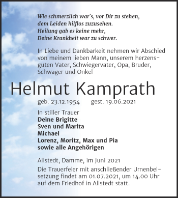 Traueranzeige von Helmut Kamprath von Trauerkombi Sangerhausen
