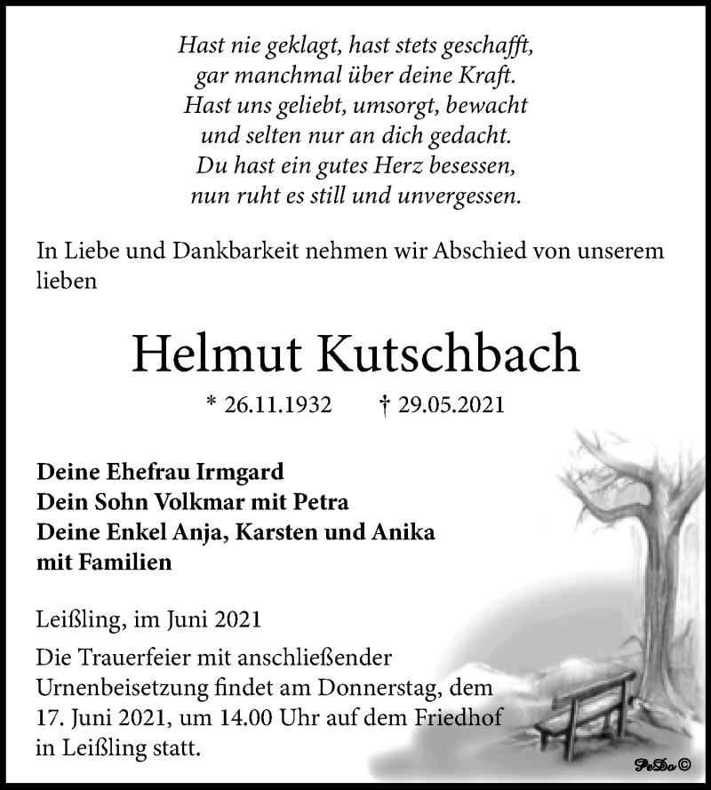  Traueranzeige für Helmut Kutschbach vom 05.06.2021 aus Trauerkombi Weißenfels