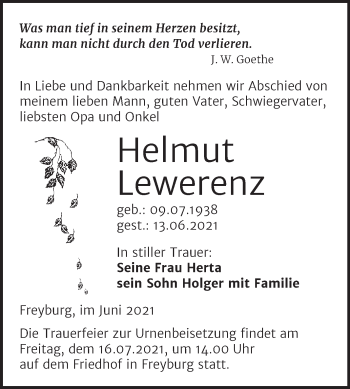 Traueranzeige von Helmut Lewerenz von Naumburger Tageblatt